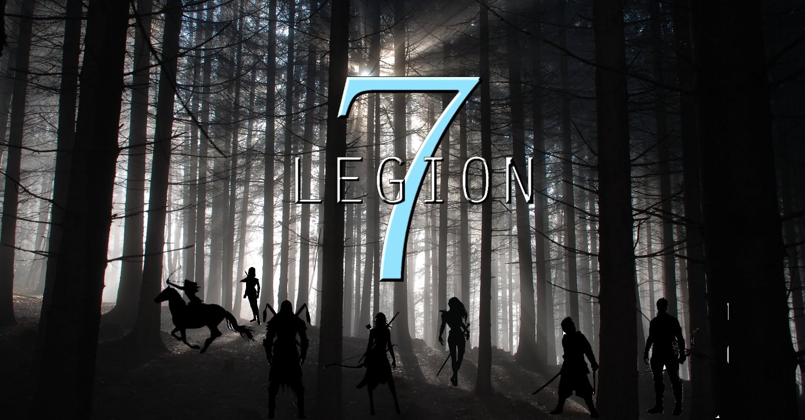 Legion of 7: a cyan seven and silver lettering above seven fantasy characters in a misty forest.